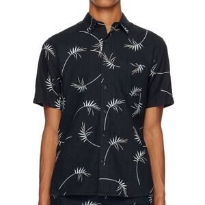 Vince Classic Fit Mens Willow Leaf Navy Blue Linen SS Button Up Hawaiian Shirt M